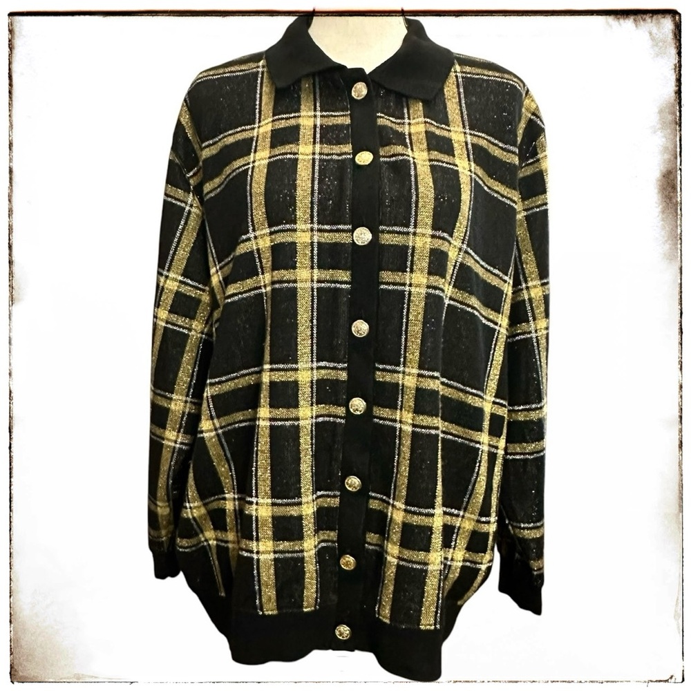 Eccotoo Sweater 2X Black Gold Metallic Cardigan Vintage